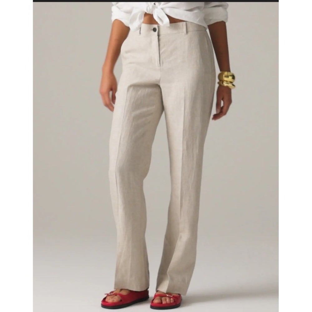 J. Crew Harbor Pant 100% Linen Beige Wide Leg Trouser Women's L NWT Comfort Chic